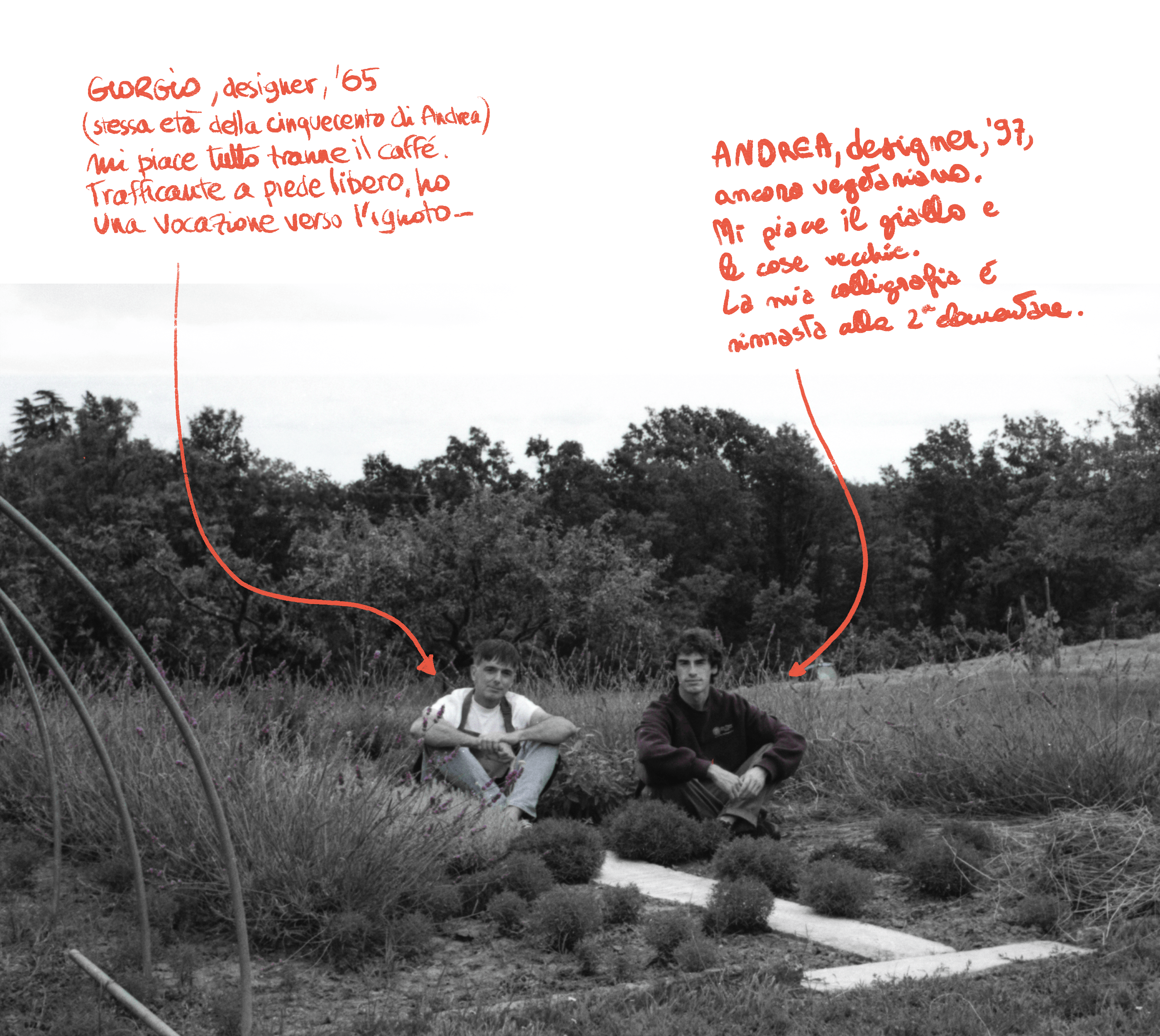 Giorgio, designer, '65 (stessa età della cinquecento di Andrea). Mi piace tutto tranne il caffé. Trafficante a piede libero, ho una vocazione verso l'ignoto. Andrea, designer, '97, ancora vegetariano, mi piace il giallo e le cose vecchie. La mia calligrafia è rimasta alla seconda elementare.
